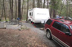Car with trailer in campsite